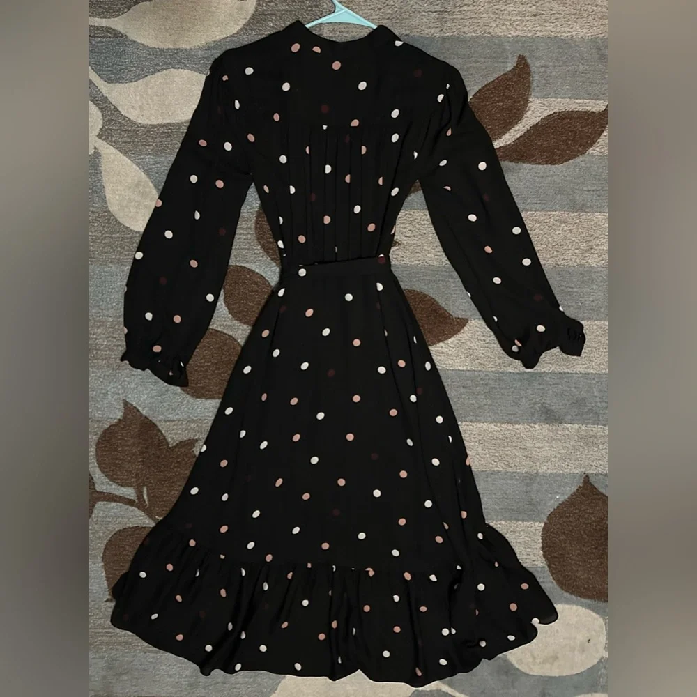 Kate Spade Long Sleeve Bakery Dot Midi Wrap Dress Black w Pink & White Polka Dot - Picture 6 of 8